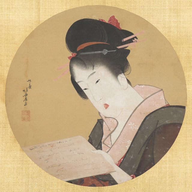 葛飾北斎《円窓の美人図》絹本額面　文化2年（1805）頃　シンシナティ美術館　 Cincinnati Art Museum, The Thoms Collection- Given by Mrs. Murat H. Davidson in Honor of her Grandfather, Joseph C. Thoms, 1982.4　　通期展示：「新・北斎展 HOKUSAI UPDATED」森アーツセンターギャラリー