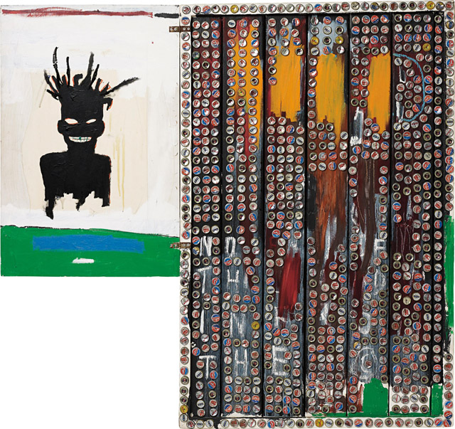 ジャン＝ミシェル・バスキア Self-Portrait, 1985 Acrylic, oilstick, crown cork and bottle caps on wood 141.9 x 153 x 14.9 cm Private Collection Photo: Max Yawney Artwork © Estate of Jean-Michel Basquiat. Licensed by Artestar, New York