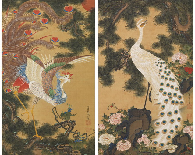 伊藤若冲「孔雀鳳凰図」（部分）江戸時代宝暦5年（1755）頃　重要美術品　岡田美術館像