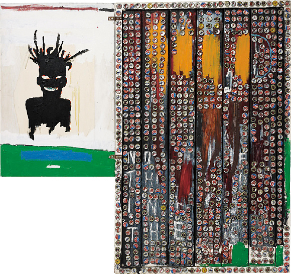 ジャン＝ミシェル・バスキア 《Self-Portrait》 1985 Acrylic, oilstick, crown cork and bottle caps on wood 141.9 x 153 x 14.9 cm Private Collection
Photo: Max Yawney Artwork © Estate of Jean-Michel Basquiat. Licensed by Artestar, New York