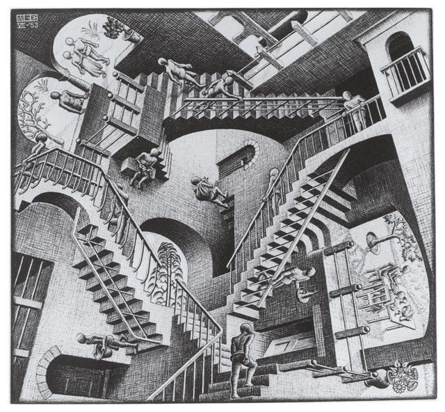 《相対性》1953年： All M.C. Escher works © The M.C. Escher Company, The Netherlands. All rights reserved. www.mcescher.com：生誕120年 イスラエル博物館所蔵　ミラクル エッシャー展　ようこそ超現実美術館へ」あべのハルカス美術館