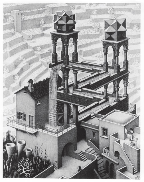 《滝》1961年： All M.C. Escher works © The M.C. Escher Company, The Netherlands. All rights reserved. www.mcescher.com：生誕120年 イスラエル博物館所蔵　ミラクル エッシャー展　ようこそ超現実美術館へ」あべのハルカス美術館