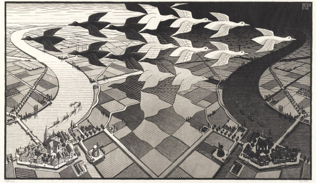 《昼と夜》1938年： All M.C. Escher works © The M.C. Escher Company, The Netherlands. All rights reserved. www.mcescher.com：生誕120年 イスラエル博物館所蔵　ミラクル エッシャー展　ようこそ超現実美術館へ」あべのハルカス美術館