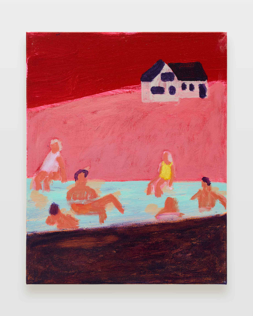 Six Swimmers in River by the House 2024 acrylic on canvas 51.3 x 40.5 cm